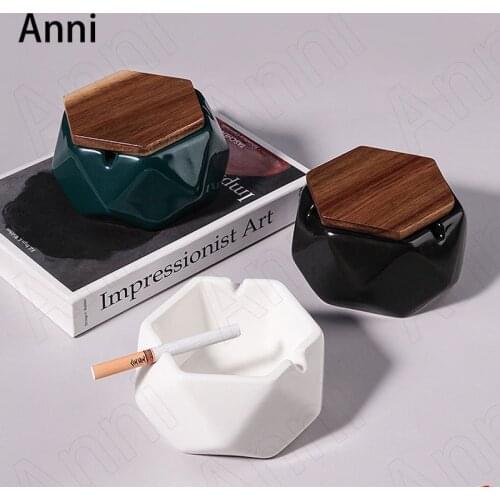 Nordic Geometric Ceramic Ashtray Creativity Matte Glazed Hexagon Ash Tray with Wood Lid Office Desktop Decoration Ornaments