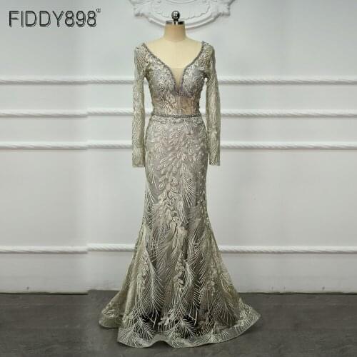 Crystal Beaded Lace Evening Dresses Long Sleeves V-Neck Mermaid Formal Gown 2020 Sheer Bodice Women Vestido De Noche ASA-0138