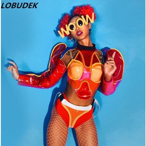 Bar Nightclub Women DJ Singer Sexy Dance Costume Red Transparent Bodysuit Festival Rave Party Show Dancer Team Performance Wear