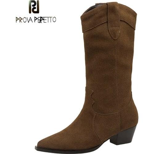 Fashion Pointed-toe Thick-heeled Western Cowboy Boots British Style Retro Frosted Cowhide Mid-heel Sleeve Single Boots for Women