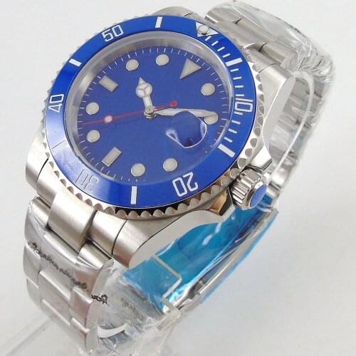 40MM Blue Sterile Steel Business 21 Jewels MIYOTA 8215 Magnifier Clear Glass Back Ceramic Insert Automatic Mens Wristwatch