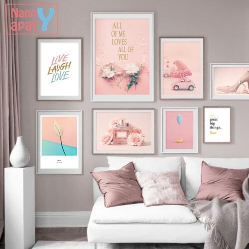 Printed Wall Art Canvas Painting Modern Home Decoration Pink Rose Calla Flower Car Perfume Quote Nordic Poster Wall Pictures
