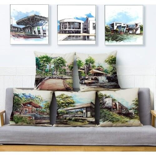 Hand-painted Design Country House Print Pillow Cover 45*45cm Cushion Covers Linen Pillow Case Car Sofa Home Decor Pillows Cases