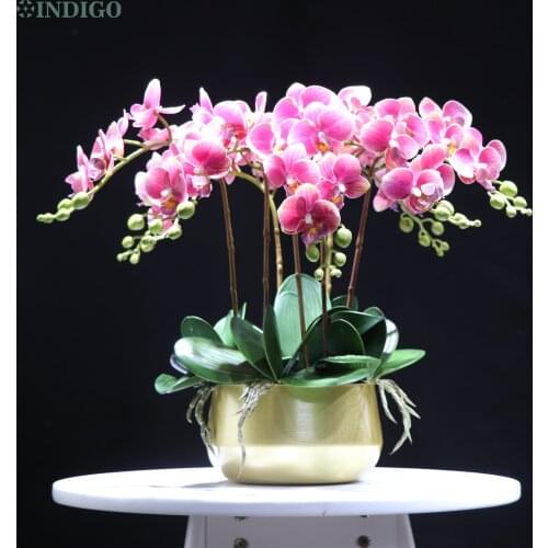 Purple Orchid (7pcs Orchid+5pcs Leaves+Pot) DIY Flower Arrangment Real Touch Flower Office Decoration Event Centerpiece - INDIGO