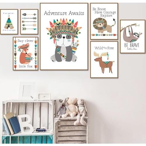 Panda Lion Fox Deer Arrow Feather Nursery Wall Art Canvas Painting Nordic Posters Prints Wall Pictures Girl Boy Kids Room Decor