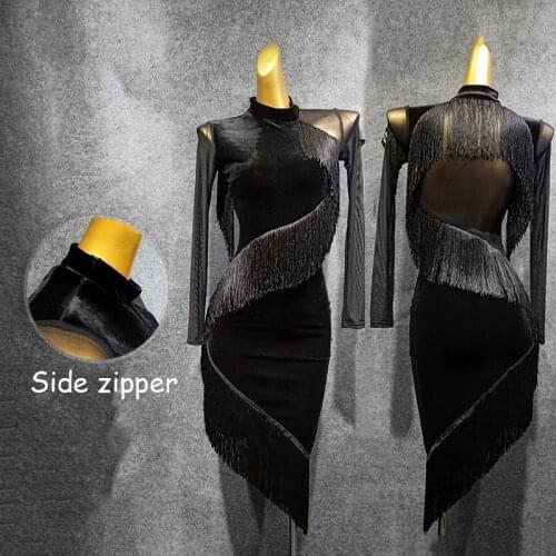 Latin Dance Dress Autumn Dress Women Female Dancing Tassel Fringe Dress Practice Clothes Latin Skirt Modern Salsa Dress VDB1099