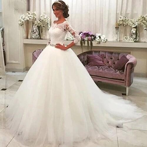 Wedding Dresses Princess 2021 Long Sleeve Open Back Appliques Lace Tulle Tiered Skirt Bridal Wedding Gowns