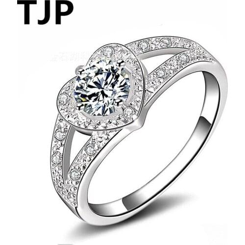 TJP Trendy 925 Sterling Silver Ring For Women Bride Wedding Party Clear Crystal Heart Shaped Lady Girl Finger Accessories Hot