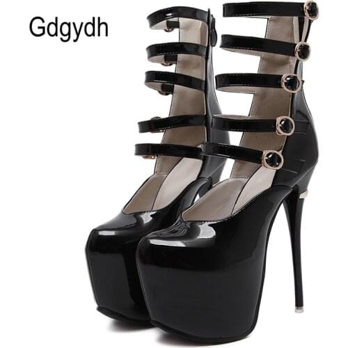Gdgydh Patent Leather Platform Shoes Sexy High Heel Stilettos Gothmodel Wear Nightclub Shoes For Women Thin Heel Ankle Strap