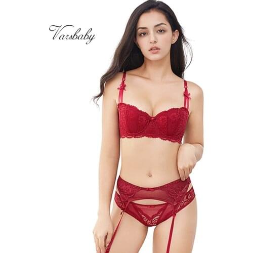 Varsbaby France half cup sexy lace bra sets for women bra+panties+Garters 3 piece/lots