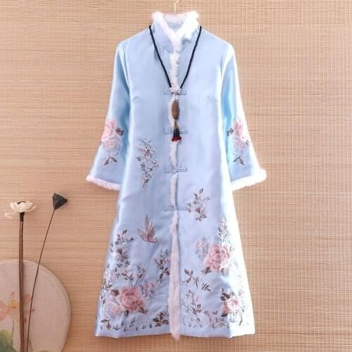 High-end Winter Women Trench Coat Top Chinese Style Retro Embroidery Rabbit Fur Flowers Elegant Lady Warm Outerwear S-XXL
