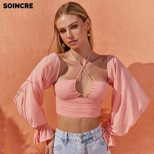 2021Design Sense Square Neck Stitching Top Fashion Sexy Lantern Sleeve Hollow Open Navel Open Back Halter Neck Tie T-shirt Women