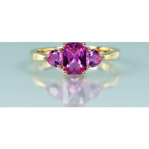 GEMS BEAUTY 14K Gold Filling Sterling Silver Gemstone Rings Petite Pink Sapphire Three-Stone Engagement Ring For Women Wedding