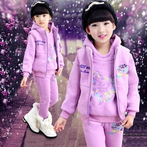Girls Winter Embroidered Clothing 3 Pcs Set Children Thickening Cotton-Padded Clothes Kids Vest Coat + Sweatshirt + Pants X288