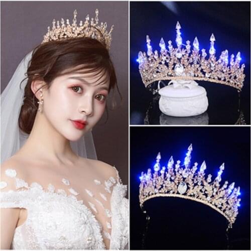 Gold Wedding Crown LED Light Bridal Crown Tiara Headwear Baroque Rhinestone Wedding Headband Headpieces Diadema Hair Accessories