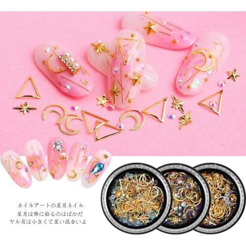 1 Box Gold Strass Star Moon Decor Mix 3D Nail Rhinestones Beads Sequins Shiny Glitter Charm Gem Manicure Accessories Art