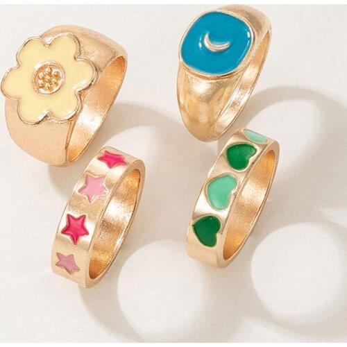 4 Pcs/set Retro Color Dripping Oil Alloy Rings Cute Mushroom Butterfly Moon Enamel Ring Set Jewelry Gift Women Girls Accessories