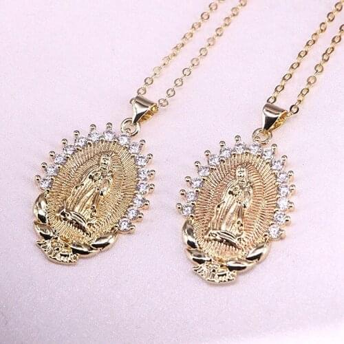 8Pcs Gold filled Brass Pave Cubic Zirconia Jesus/Mary Pendant Necklaces, Religious Jewelry