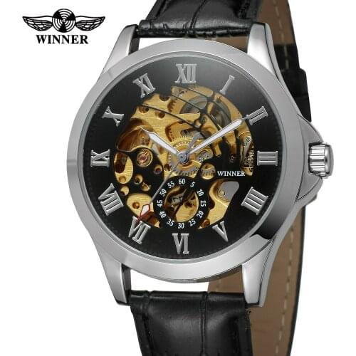 WINNER Top Brand Mens Automatic Watch Classic Black Leather Skeleton Analogue Luxury Wrist Watches Clock Relogio Masculino