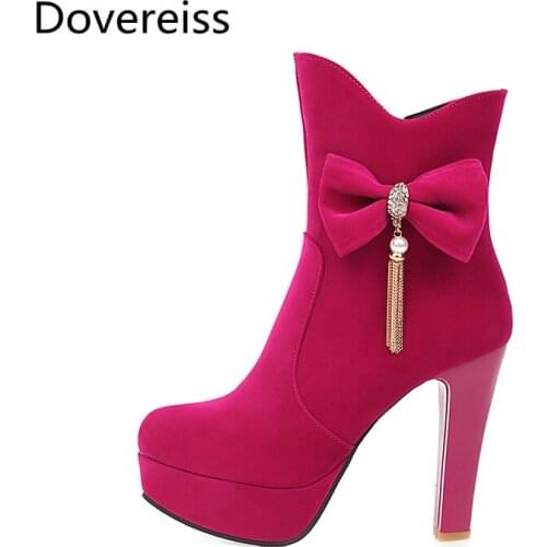 Dovereiss Fashion Womens Shoes Winter Elegant platform Red sexy new Concise Mature Block heels Zipper Short boots big size 43