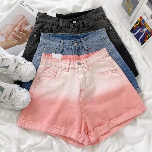 Gradient Washed Pink Girl Retro High Waist Denim Shorts Women Loose Wide Leg Shorts Jeans Streetwear Casual Biker Shorts C7480