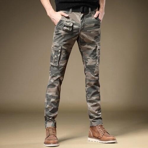 Newly Fashion Designer Men Jeans Slim Fit Outdoor Multi Pockets Casual Cargo Pants For Men Overalls Military Camouflage Trousers