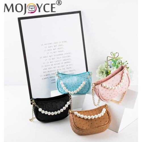 Elegant Pearl Chain Ladies Messenger Bags PU Leather Pure Color Crossbody Bags Women Ostrich Pattern Shoulder Bags