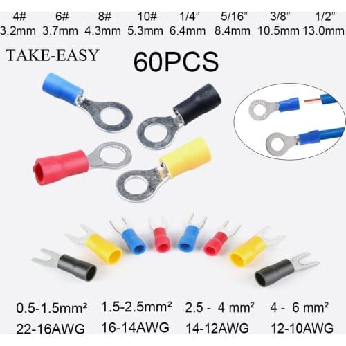 TAKE-EASY 60Pcs Ring Terminals Crimp Connector Wire Terminal Cable Electric Connector Assortment Terminals for Wire Lug Terminal