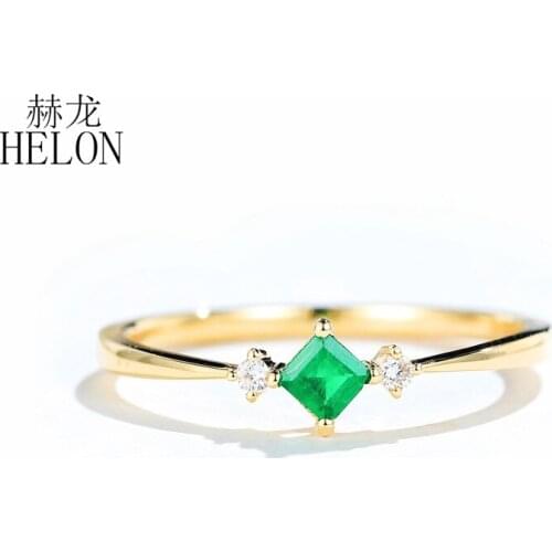 HELON Rings For Women Solid 14K Yellow Gold Natural 0.10Ct Emerald Genuine Diamonds Party Anniversary Ring Bands Gift Jewelry