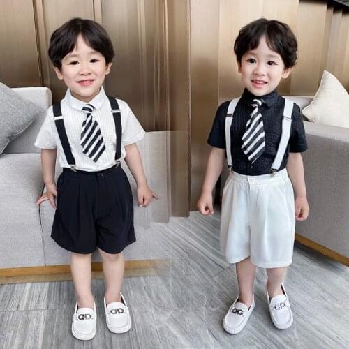 Baby Boys Wedding Clothes Set Korean Handsome Kids Costumes Set Lapel Solid Shirts Suspender Shorts 2pcs Suits for Boy 2-8 Years