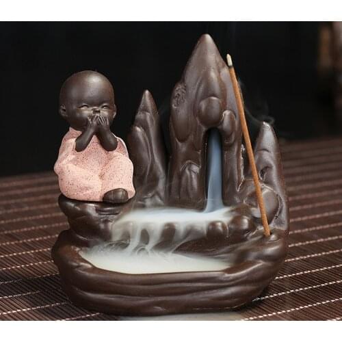 Incense Burner + 10Pc Incense Cones,Creative Home Decor The Little Monk Small Buddha Censer Backflow Incense Burner Use In house