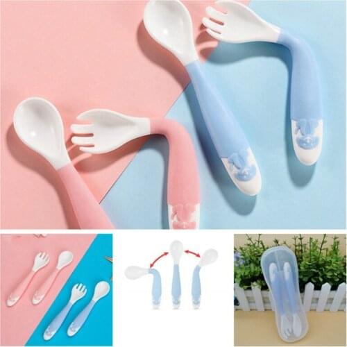 2PC Baby Utensil Spoon Fork Set With Travel Safe Case Toddler Bendable Feeding Supplement Training Spoon Baby Feeding Accessorie