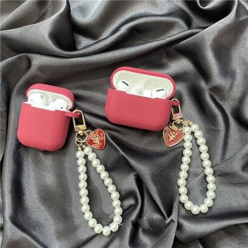 Cute Vintage Roses Pearl Bracelet Keychain Wine Red Silicone Earphone Case For Apple Airpods 1 2 Pro 3 Bluetooth Headset Cover