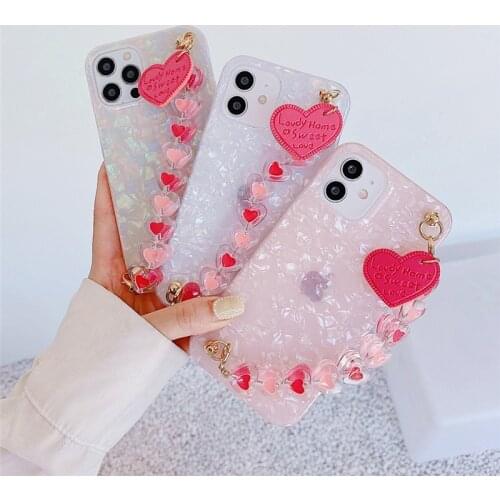 Fashion Conch Shell Love Heart Bracelet Phone Case For Samsung Galaxy S20 Plus S21 S9 Note 20 Note10 Pink Chain Soft Cover Coque