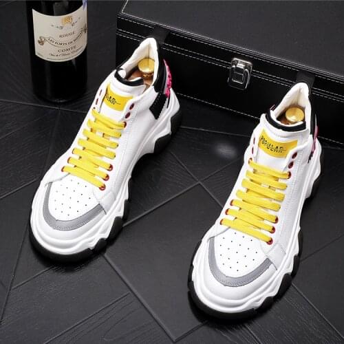 Men brand designer White thick bottom lace-up shoes Causal Flats Moccasins Male High Top Rock hip hop mixed color shoes For Man