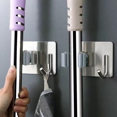 Wall Mounted Broom Mop Holder Kitchen Utensil Rack Bathroom Adhesive Tools Clip Stainless Steel Mop Clip Storage Hook
