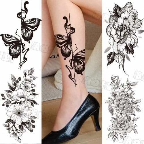 Realistic Butterfly Sexy Calf Temporary Tattoos For Women Adult Dahlia Snake Tortoise Fake Tattoo Body Art Half Sleeve Tatoos