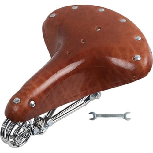 Retro Vintage Bicycle Saddle Cowhide Mountain Road Bike Leather Saddle Seat Custion Spring Seat With Quick Installation Wrench