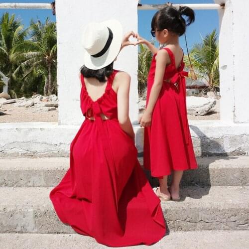 Family Matching Clothes Holiday Red Beach Dress Summer Bohemian Sexy Halter Dress Mother and Daughter Clothes