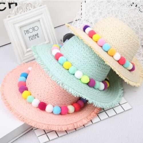 Summer Girls Casual Sum Hats Straw Visor Caps With Polyester String pom pom Sunshade Beach Part Hats Gorros Casquette For trip