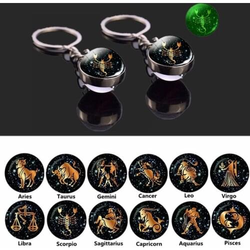 Glow In The Dark 12 Constellation Keychain Glass Ball Luminous Zodiac Pendant Jewelry Fashion Men Women Car Keychain Accessories