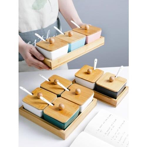 Nordic Style Home Use Ceramic Storage Cans with Bamboo Tray Kitchen Seasoning Cans with Spoons Spice/Sauce Seasoning Sets