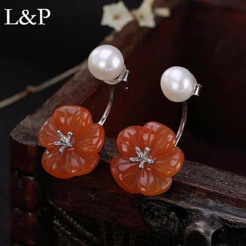 L&P 100% 925 Sterling Silver Vintage Agate & Pearl Flower Stud Earrings for Women Fine Silver Jewelry Brincos