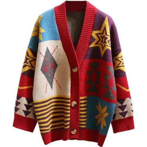 2021 Winter Women Long Sweater And Cardigans Knit Jackets Oversized Sweaters Geometric Single Breasted Loose Female Cardigans