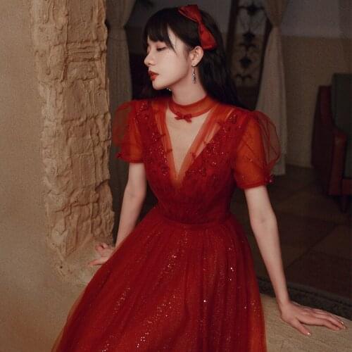 New Burgundy V-Neck Wedding Dresses A-line Exquisite Sequins Bling Banquet Gown Elegant Woman Formal Party Dress