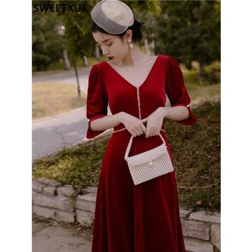 SWEETXUE Vintage V-neck Wine Red Velvet High-end Temperament Long Dress Womens 2021 Elegant Chic Fairy Party Female Vestidos