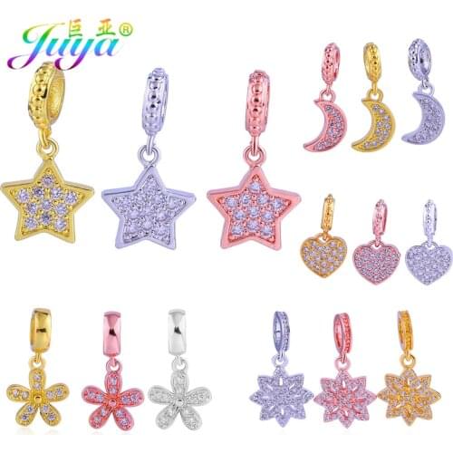 Juya 4 pcs Wholesale Bail Charms Micro Pave Zircon Heart Star Flower Charms Pendant For Women Kids Leather Cords Jewelry Making