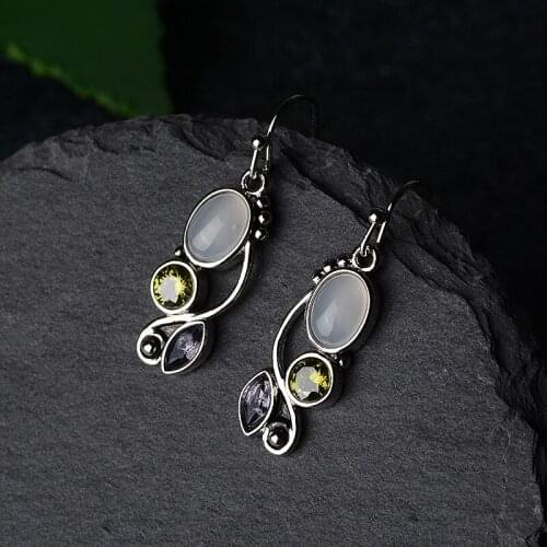 925 Sterling Silver Drop Earrings for Women Colour Topaz Vintage Gemstone Long Dangle Wedding Ethnic Fine Jewelry Christmas Gift