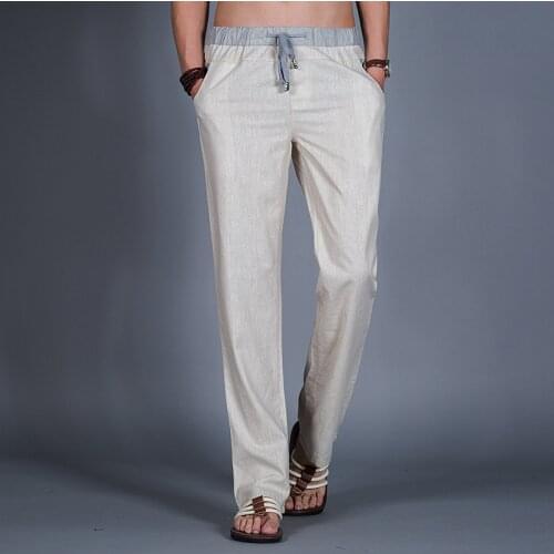 Golf Straight Pants Natural Linen Comfortable Breathable Men Summer Leisure Thin Flax Hemp Trousers Male Slim Lace-up City walk