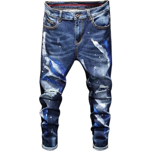 New Mens Male Fashion Casual Holes Ripped Patchwork Stretch Denim Jeans Trendy Painted Blue Slim Pants Trousers